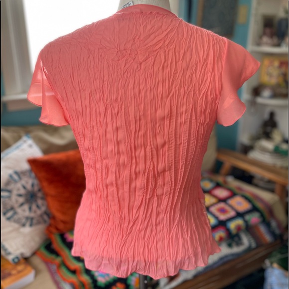 y2k Top Crinkle Chiffon Wrinkle Blouse Flutter Cap Sleeve Ruffles Lace - Picture 9 of 16